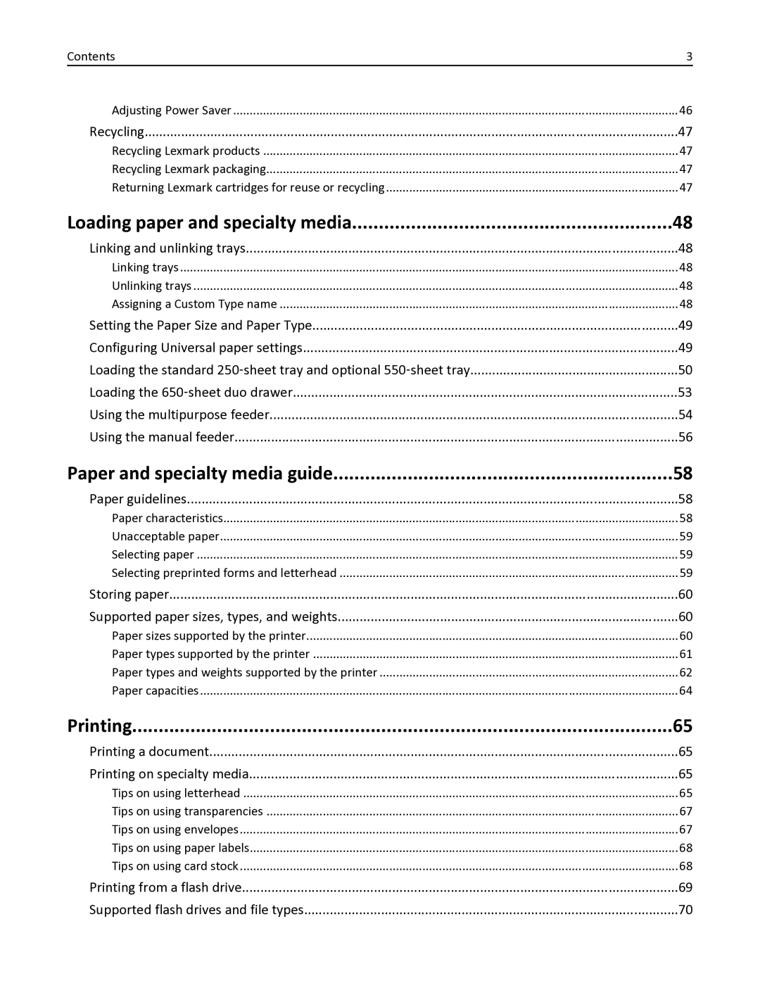 Lexmark 382, 387, 386, 383, 356, 352, 332, 336, 333 Loading paper and specialty media, Paper and specialty media guide, Printing 