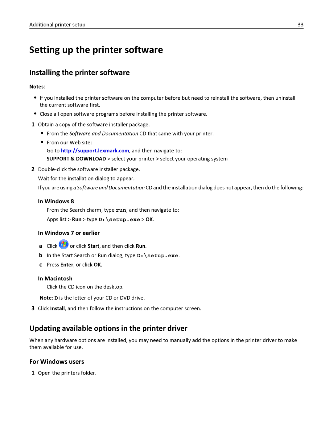 Lexmark 382, 387, 386, 383, 356, 352, 332 Setting up the printer software, Installing the printer software, For Windows users 