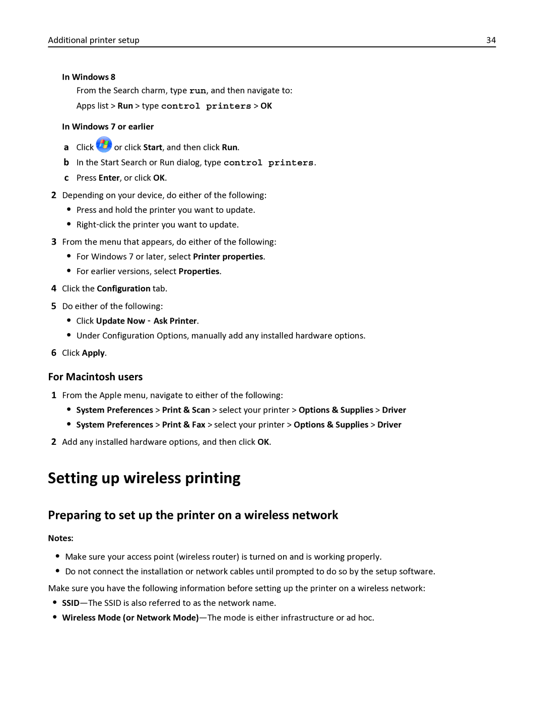 Lexmark 356, 387 Setting up wireless printing, Preparing to set up the printer on a wireless network, For Macintosh users 