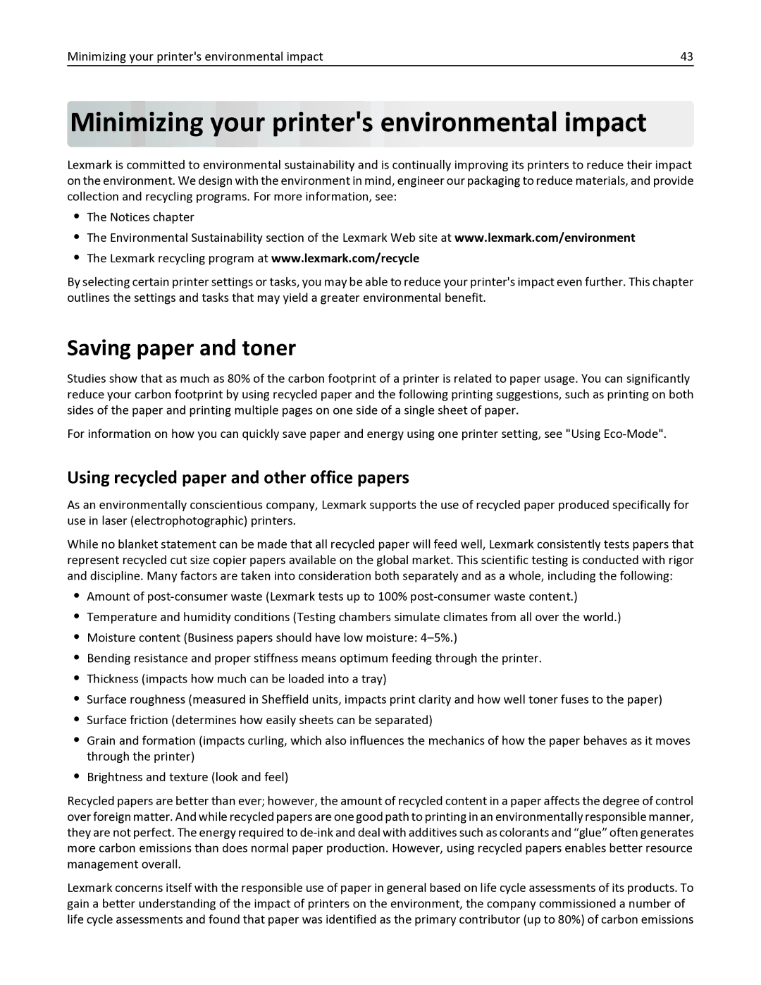 Lexmark 26C0235, 387, 386, 383, 382, 356, 352, 332, 336, 333 Minimizing your printers environmental impact, Saving paper and toner 