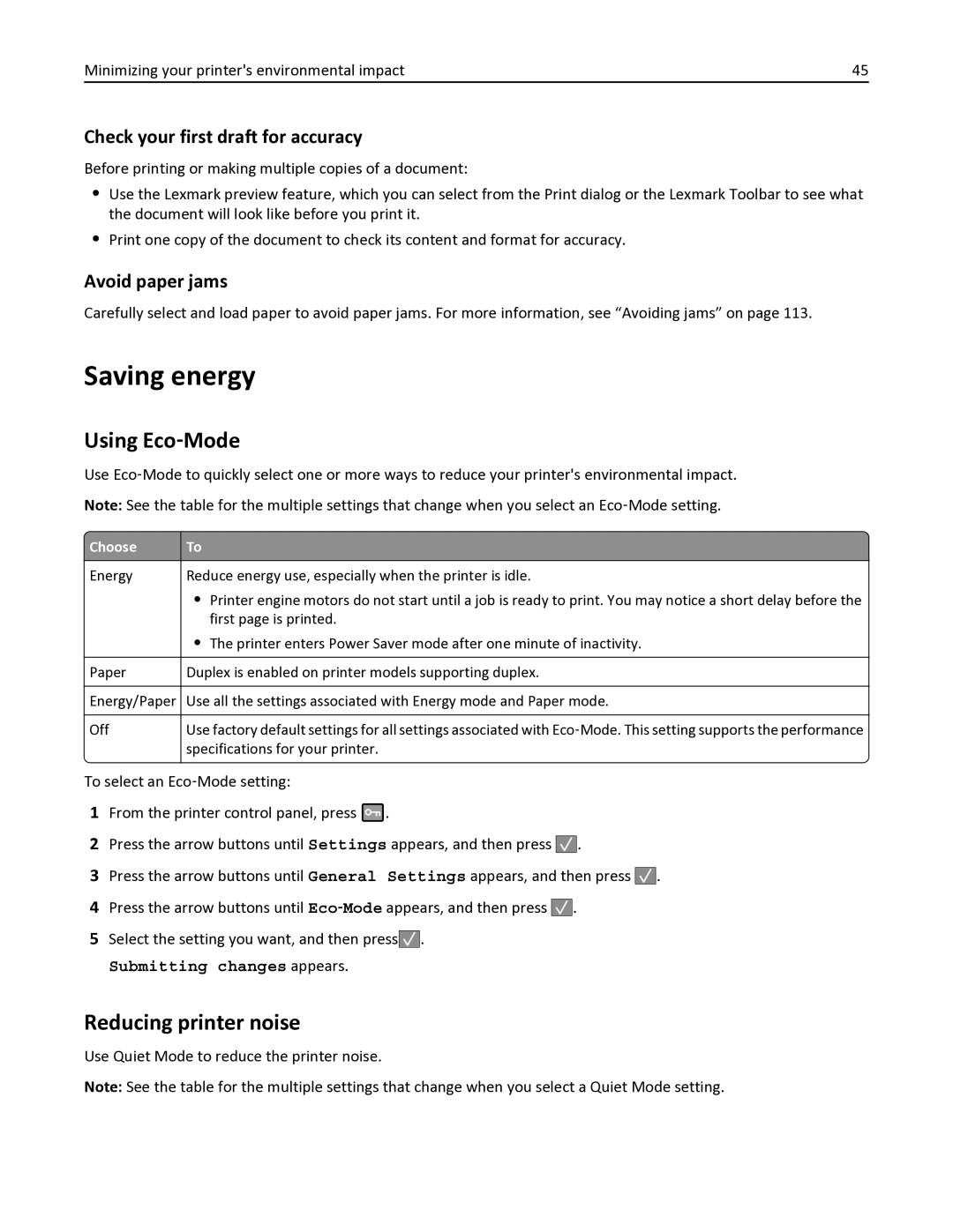 Lexmark 387 Saving energy, Using Eco‑Mode, Reducing printer noise, Check your first draft for accuracy, Avoid paper jams 