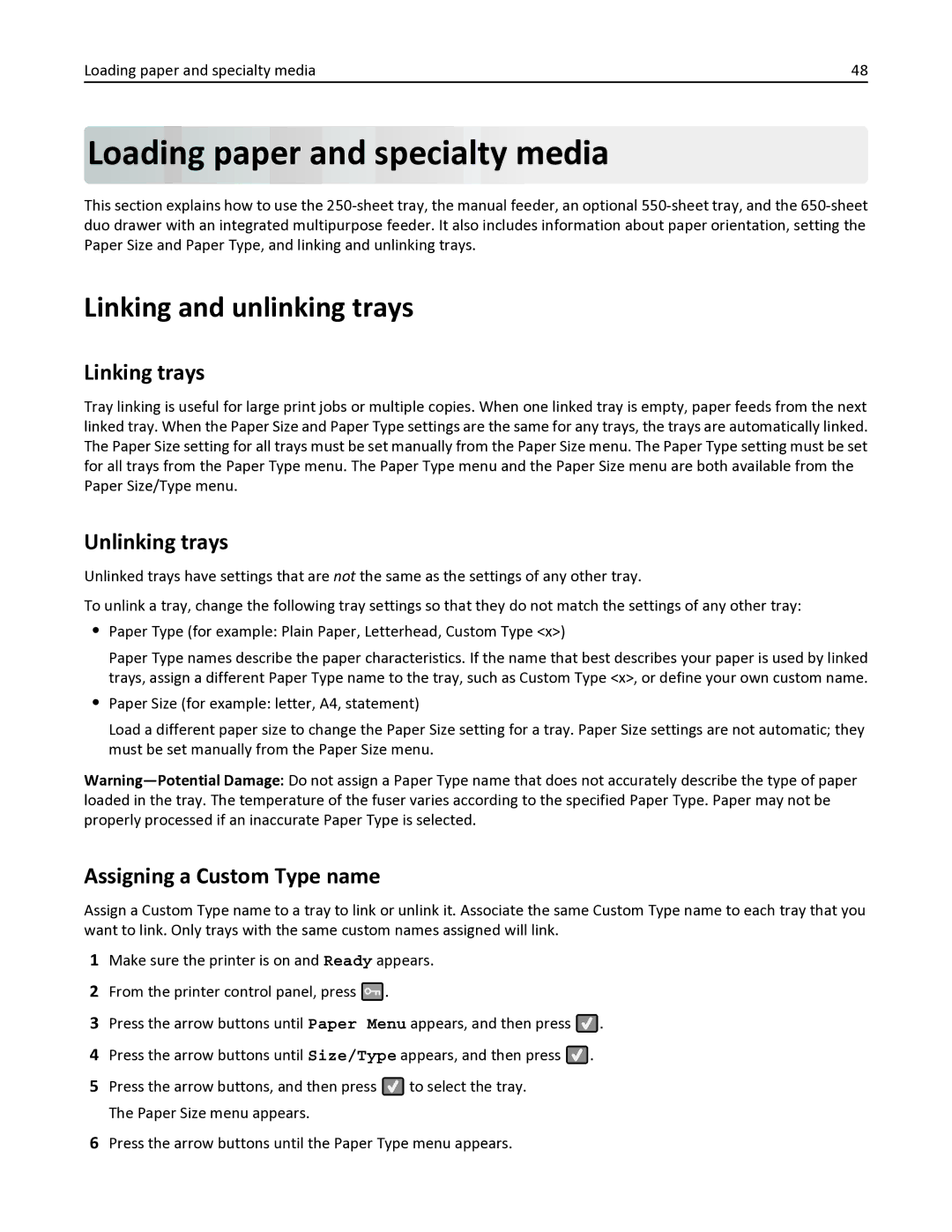 Lexmark 382, 387, 386, 383 Loading paper and specialty media, Linking and unlinking trays, Linking trays, Unlinking trays 