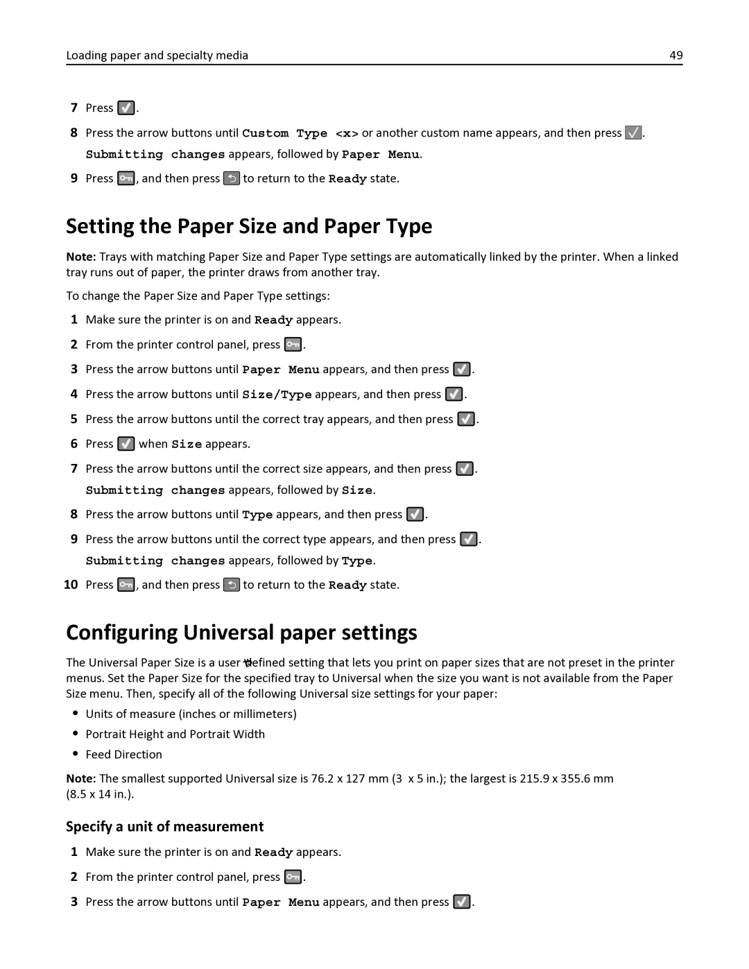 Lexmark 356 Setting the Paper Size and Paper Type, Configuring Universal paper settings, Specify a unit of measurement 