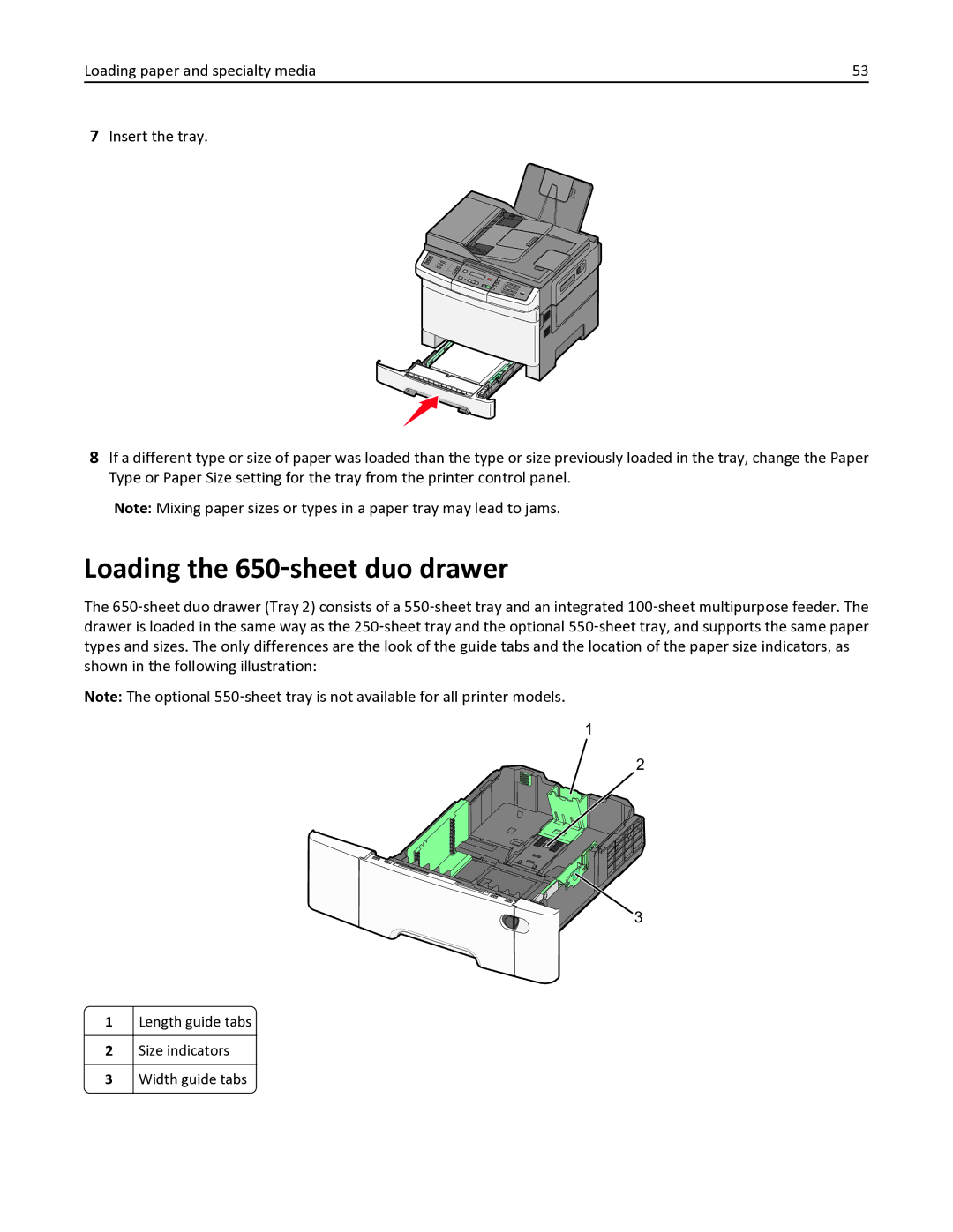 Lexmark 333, 387, 386, 383, 382, 356, 352, 332, 336, 337, 133, 138, 131, 26C0235, X546DTN manual Loading the 650‑sheet duo drawer 