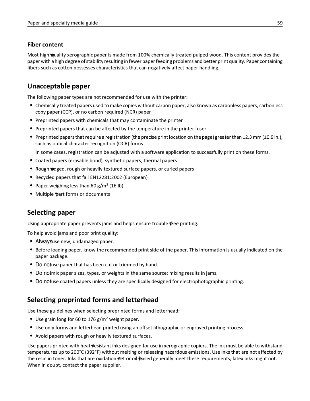 Lexmark X546DTN, 387, 386, 383 Unacceptable paper, Selecting paper, Selecting preprinted forms and letterhead, Fiber content 