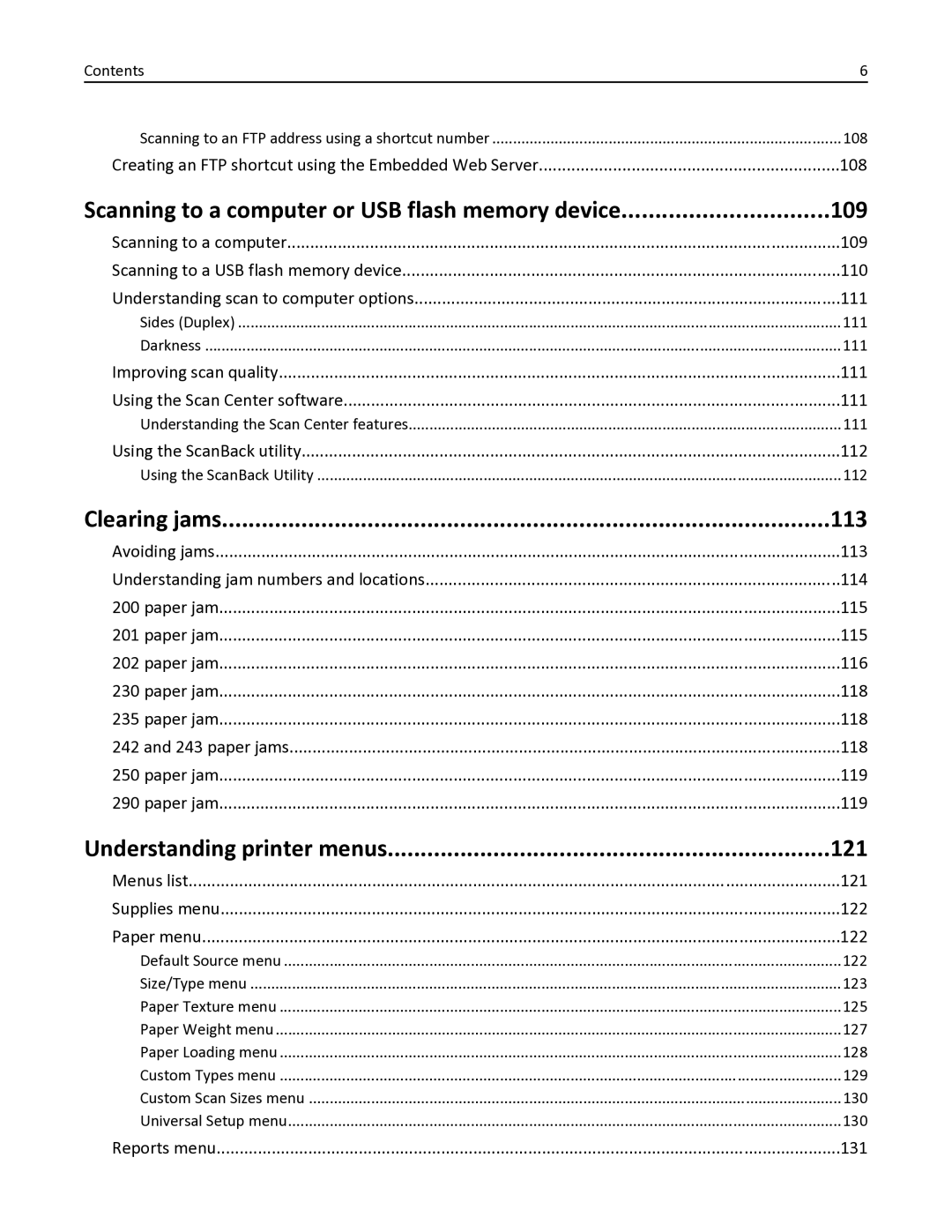 Lexmark 332, 387, 386, 383, 382, 356, 352, 336, 333, 337, 133, 138, 131 manual 109, Clearing jams 113, Understanding printer menus 121 