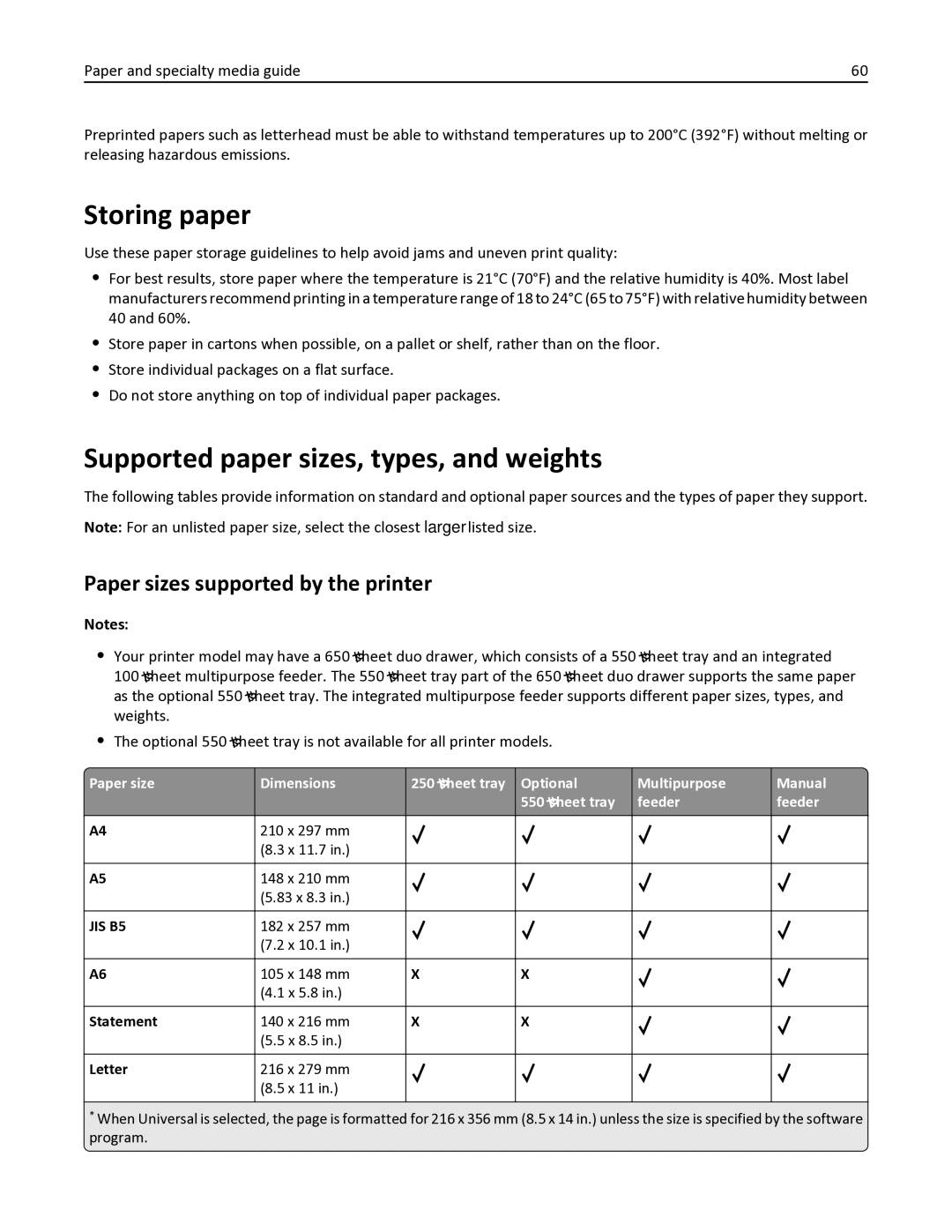 Lexmark 387, 386 Storing paper, Supported paper sizes, types, and weights, Paper sizes supported by the printer, Statement 