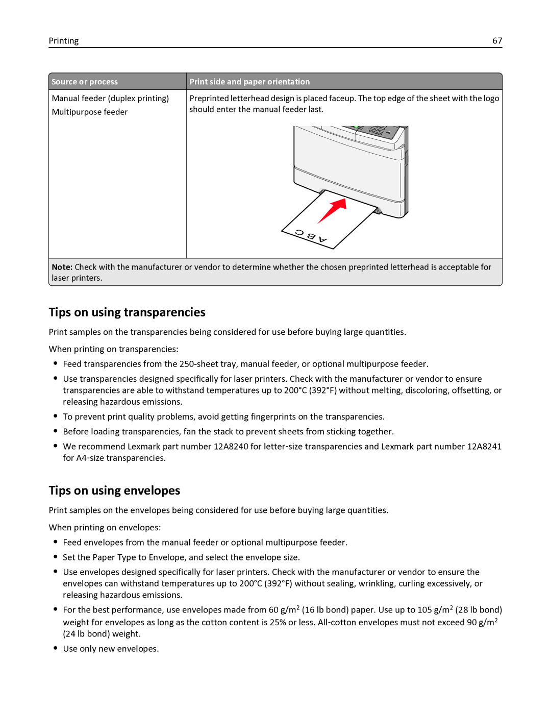 Lexmark 336, 387, 386, 383, 382, 356, 352, 332, 333, 337, 133, 138, 131, 26C0235 Tips on using transparencies, Tips on using envelopes 