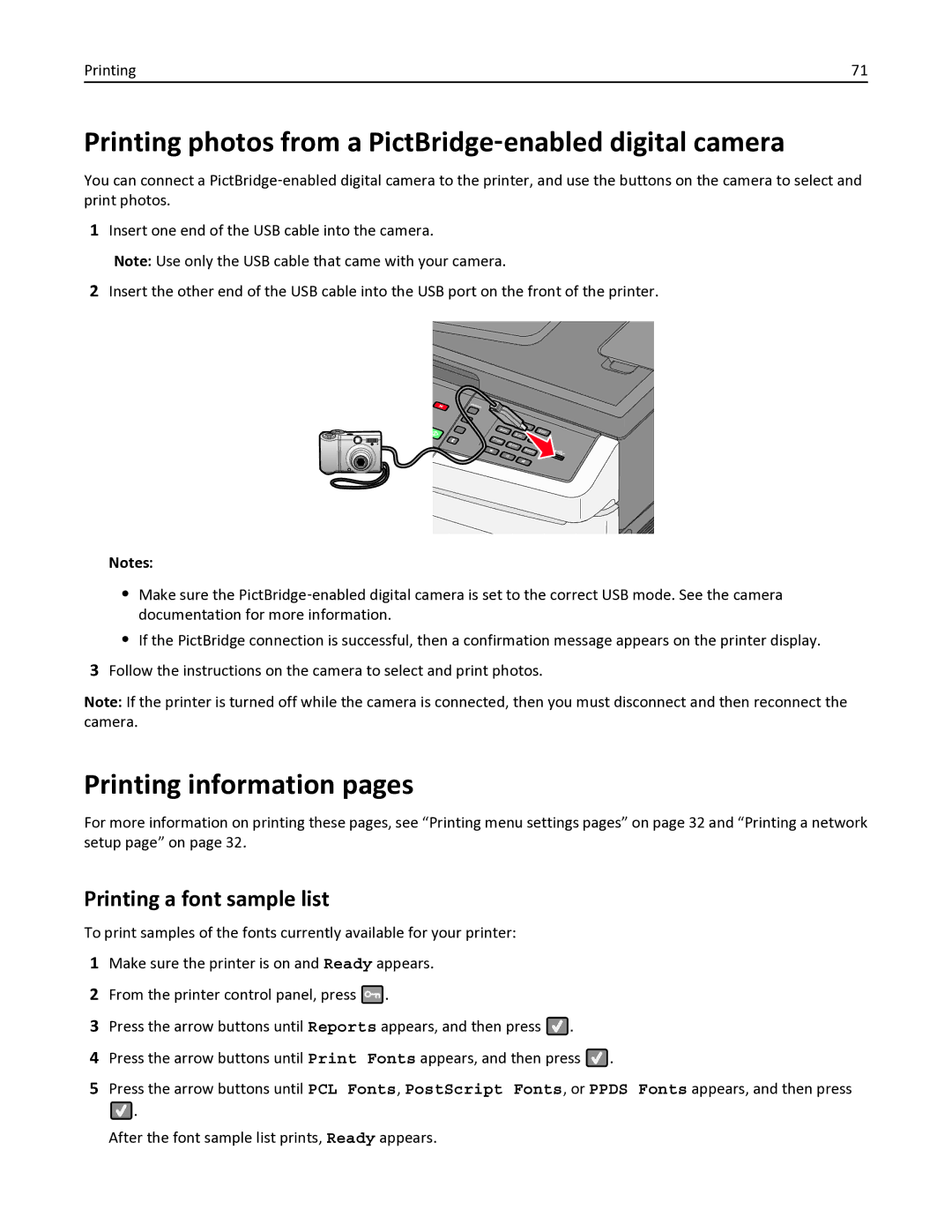 Lexmark 138, 387, 386, 383, 382, 356, 352 Printing photos from a PictBridge‑enabled digital camera, Printing information pages 