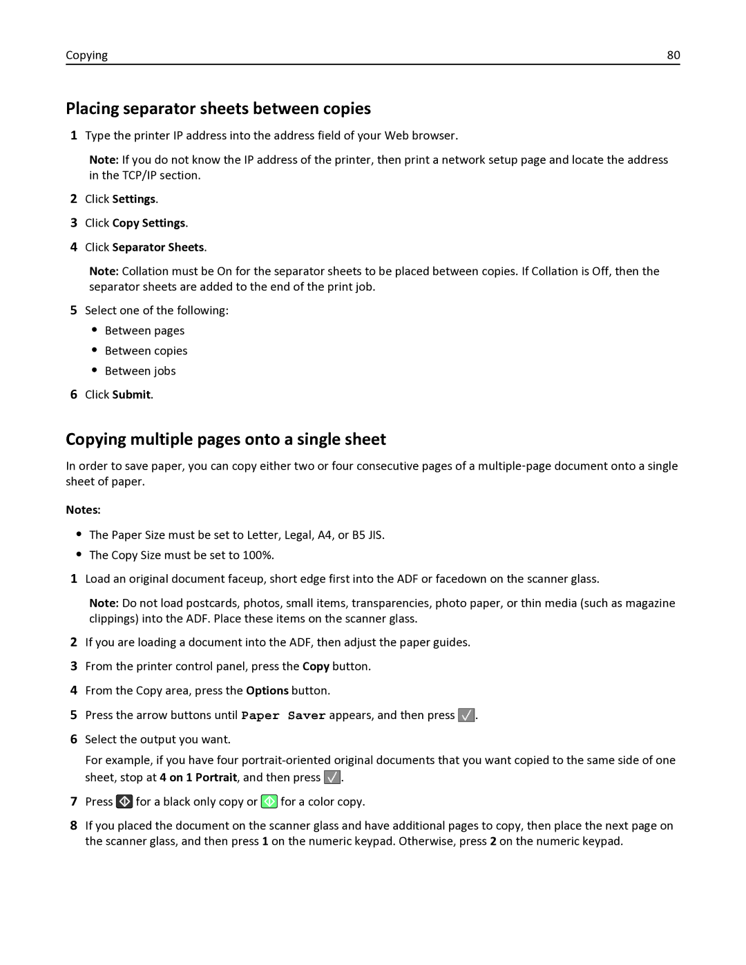 Lexmark 352, 387, 386, 383, 382, 356, 332 Placing separator sheets between copies, Copying multiple pages onto a single sheet 