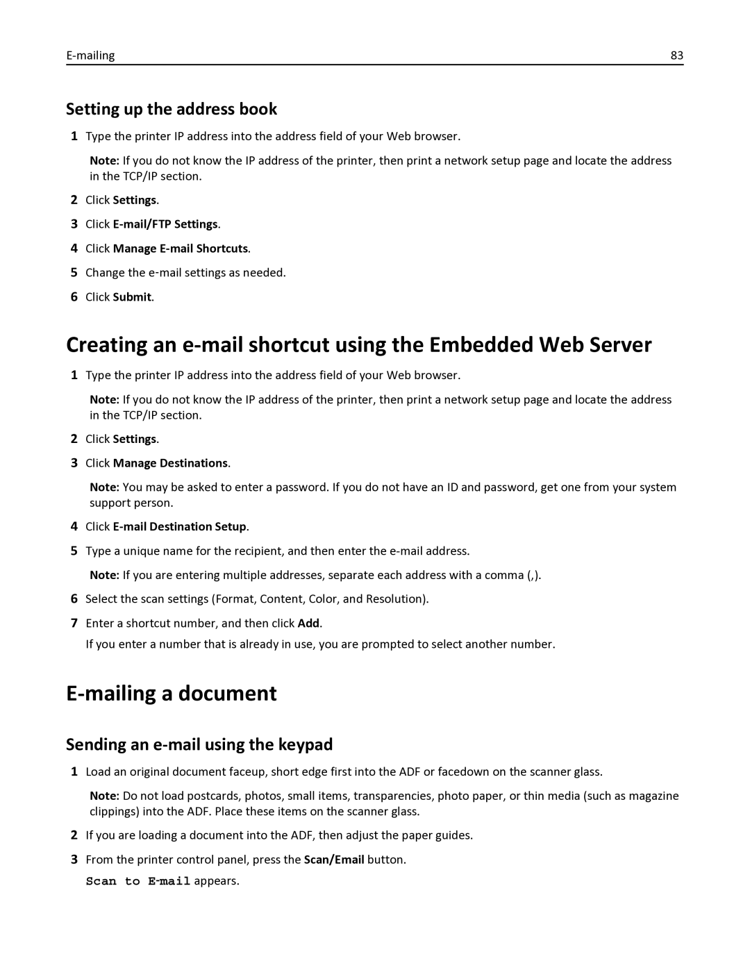 Lexmark 333 Creating an e-mail shortcut using the Embedded Web Server, Mailing a document, Setting up the address book 