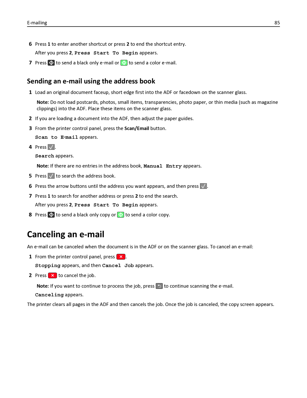 Lexmark 133, 387, 386, 383, 382, 356, 352, 332, 336, 333, 337, 138, 131 Canceling an e-mail, Sending an e-mail using the address book 