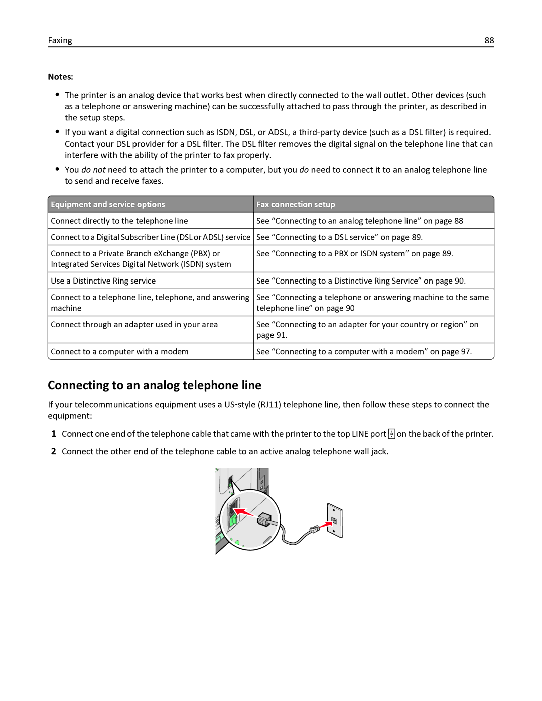 Lexmark 26C0235, 387, 386, 383 Connecting to an analog telephone line, Equipment and service options Fax connection setup 