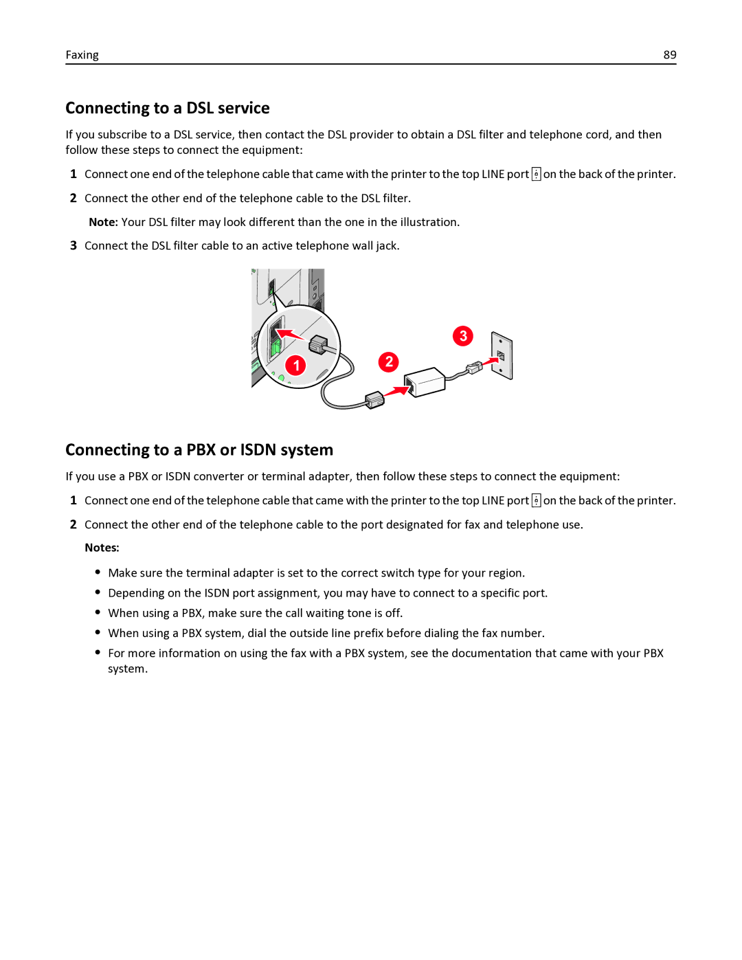 Lexmark X546DTN, 387, 386, 383, 382, 356, 352, 332, 336, 333, 337 Connecting to a DSL service, Connecting to a PBX or Isdn system 