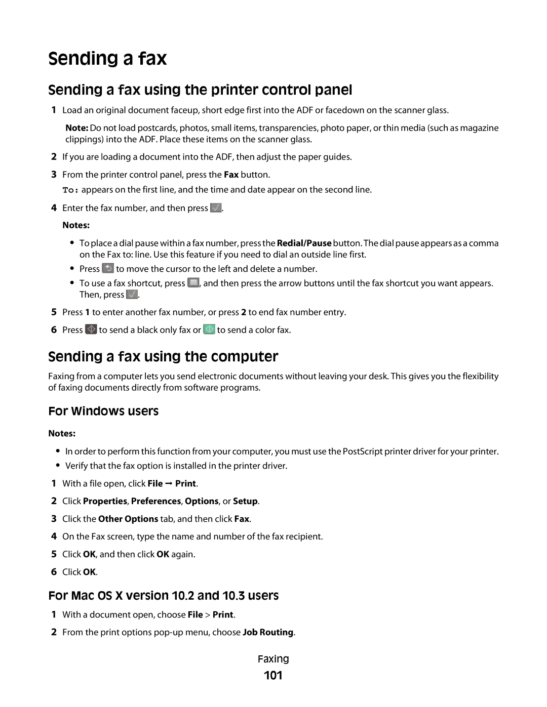 Lexmark 133, 387, 386, 383, 382, 356 Sending a fax using the printer control panel, Sending a fax using the computer, 101 