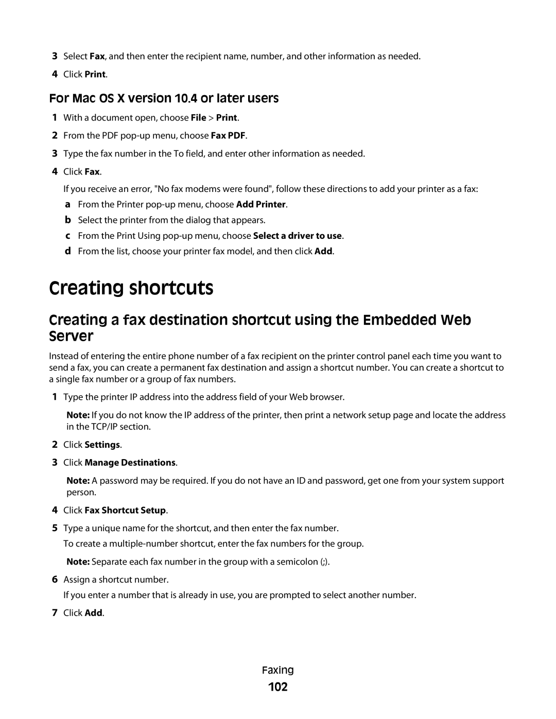 Lexmark 138, 387, 386, 383, 382, 356, 352, 332, 336, 333, 337, 133 Creating shortcuts, For Mac OS X version 10.4 or later users, 102 