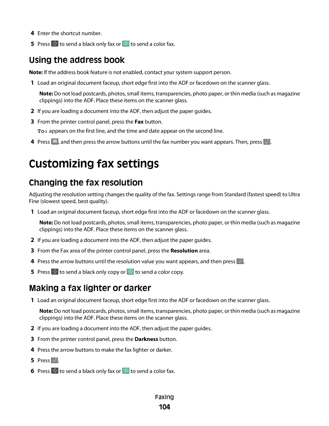 Lexmark 387 Customizing fax settings, Using the address book, Changing the fax resolution, Making a fax lighter or darker 