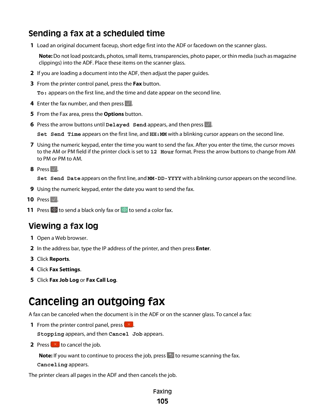 Lexmark 386, 387, 383, 382, 356, 352, 332 Canceling an outgoing fax, Sending a fax at a scheduled time, Viewing a fax log, 105 