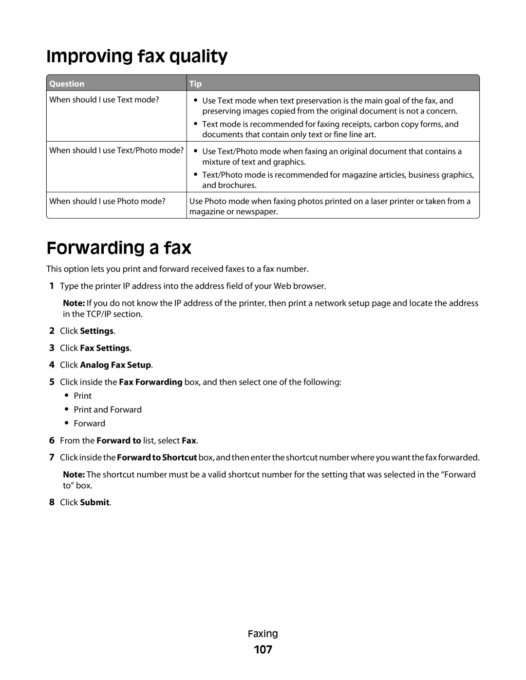 Lexmark 382, 387, 386, 383, 356, 352, 332, 336, 333, 337, 133, 138, 131 manual Improving fax quality, Forwarding a fax, 107 