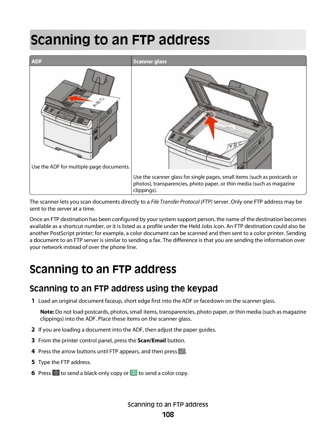 Lexmark 356, 387, 386, 383, 382, 352, 332, 336, 333, 337, 133, 138, 131 manual Scanning to an FTP address using the keypad, 108 