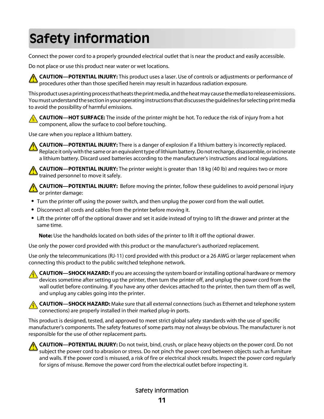 Lexmark 138, 387, 386, 383, 382, 356, 352, 332, 336, 333, 337, 133, 131 manual Safety information 