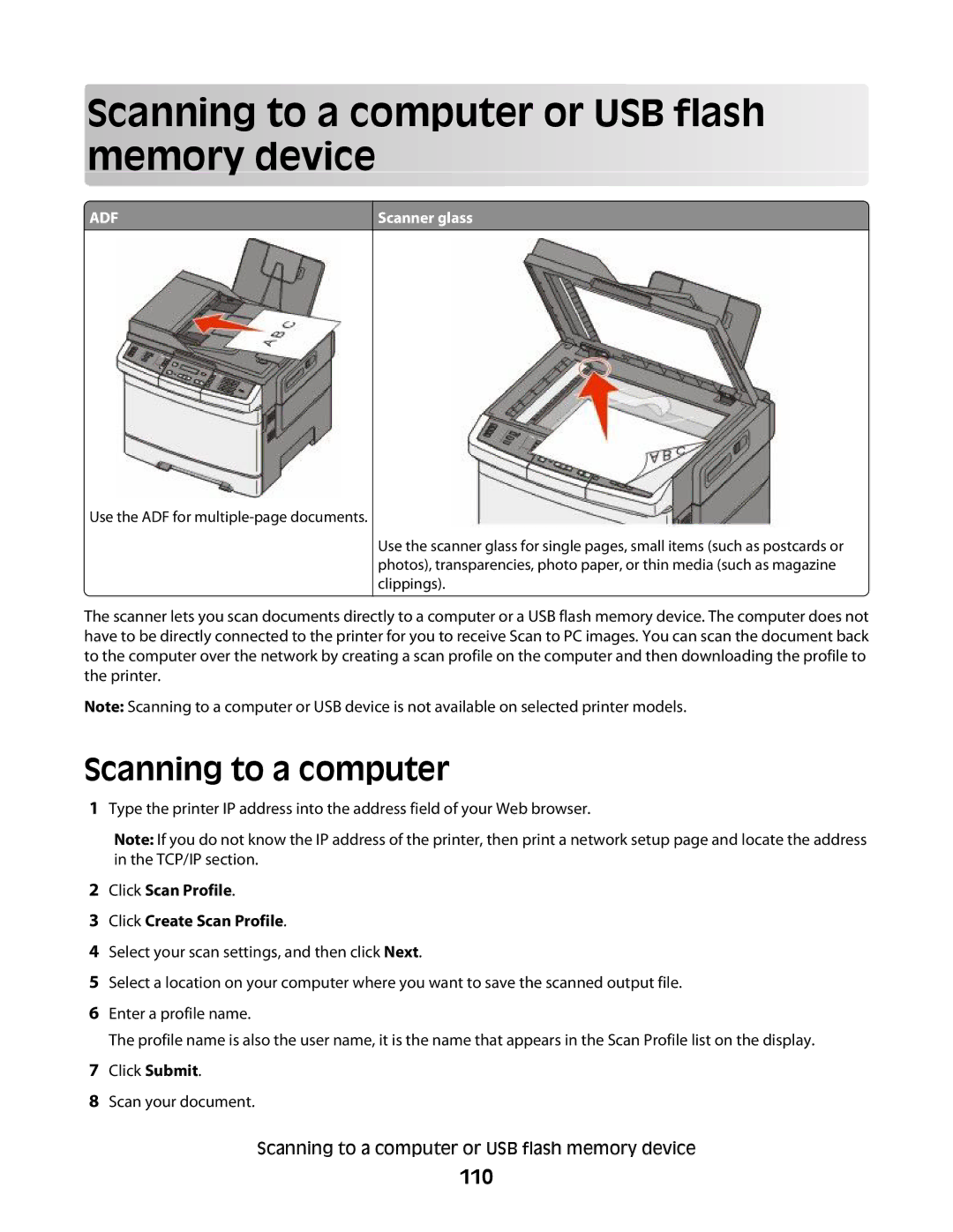 Lexmark 332, 387, 386, 383, 382, 356, 352, 336, 333, 337, 133, 138, 131 manual Scanning to a computer or USB flash memory device, 110 