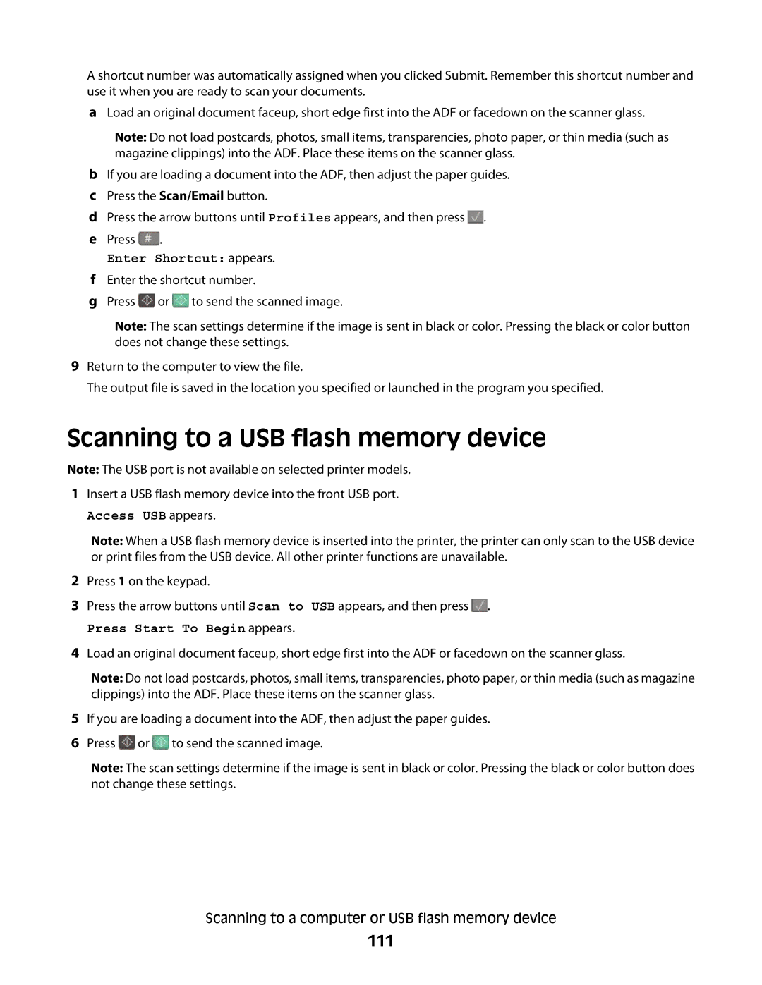 Lexmark 336, 387, 386, 383, 382, 356, 352, 332, 333, 337, 133, 138, 131 manual Scanning to a USB flash memory device, 111 