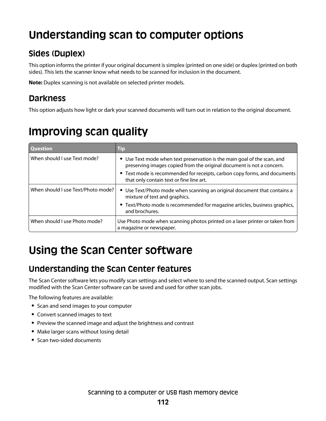 Lexmark 333, 387, 386 Understanding scan to computer options, Improving scan quality, Using the Scan Center software, 112 