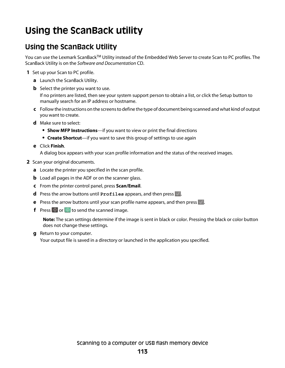 Lexmark 337, 387, 386, 383, 382, 356, 352, 332, 336, 333, 133, 138, 131 Using the ScanBack utility, Using the ScanBack Utility, 113 