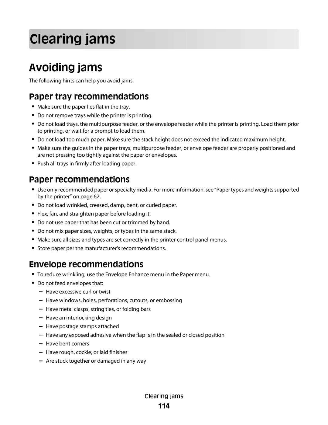 Lexmark 133, 387 Clearing jams, Avoiding jams, Paper tray recommendations, Paper recommendations, Envelope recommendations 