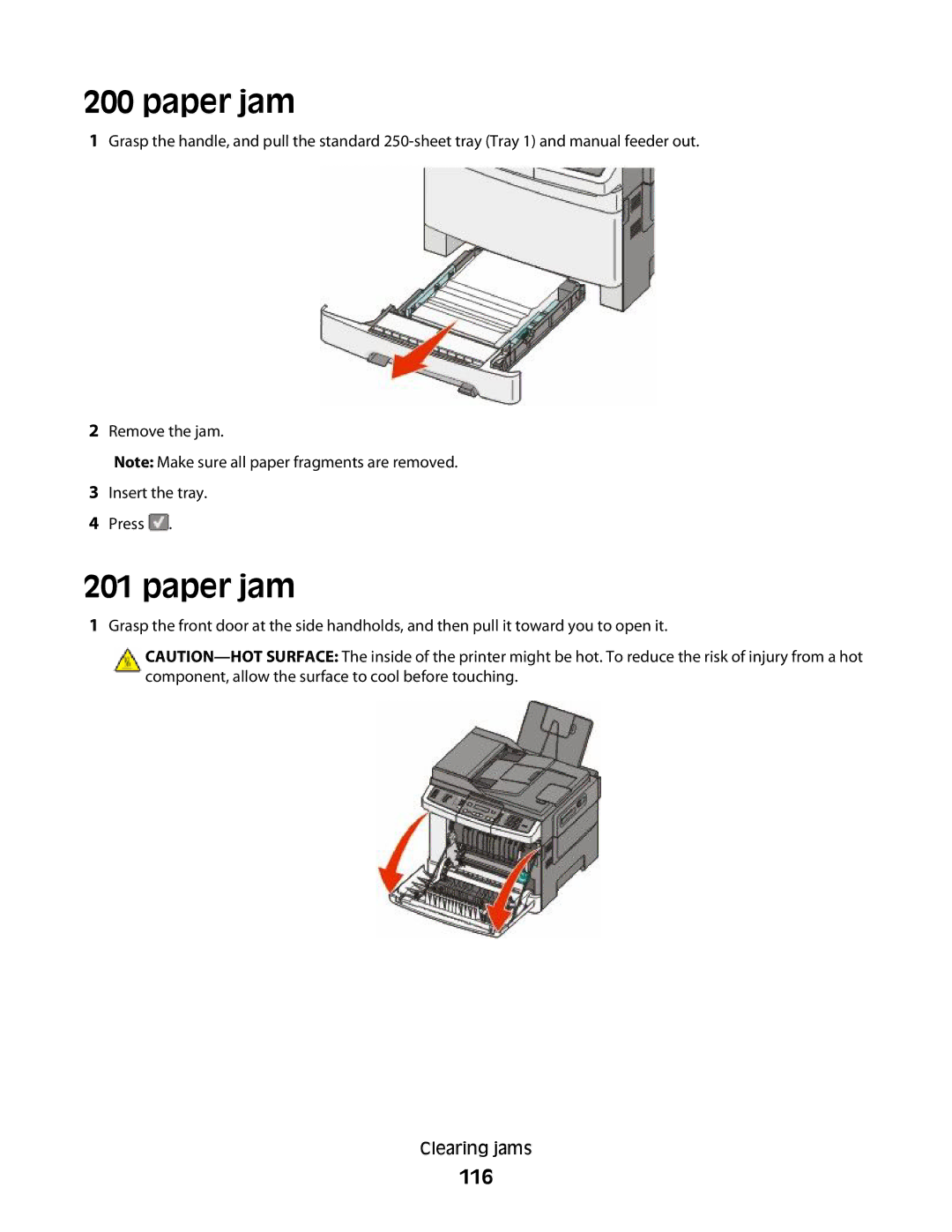 Lexmark 131, 387, 386, 383, 382, 356, 352, 332, 336, 333, 337, 133, 138 manual Paper jam, 116 