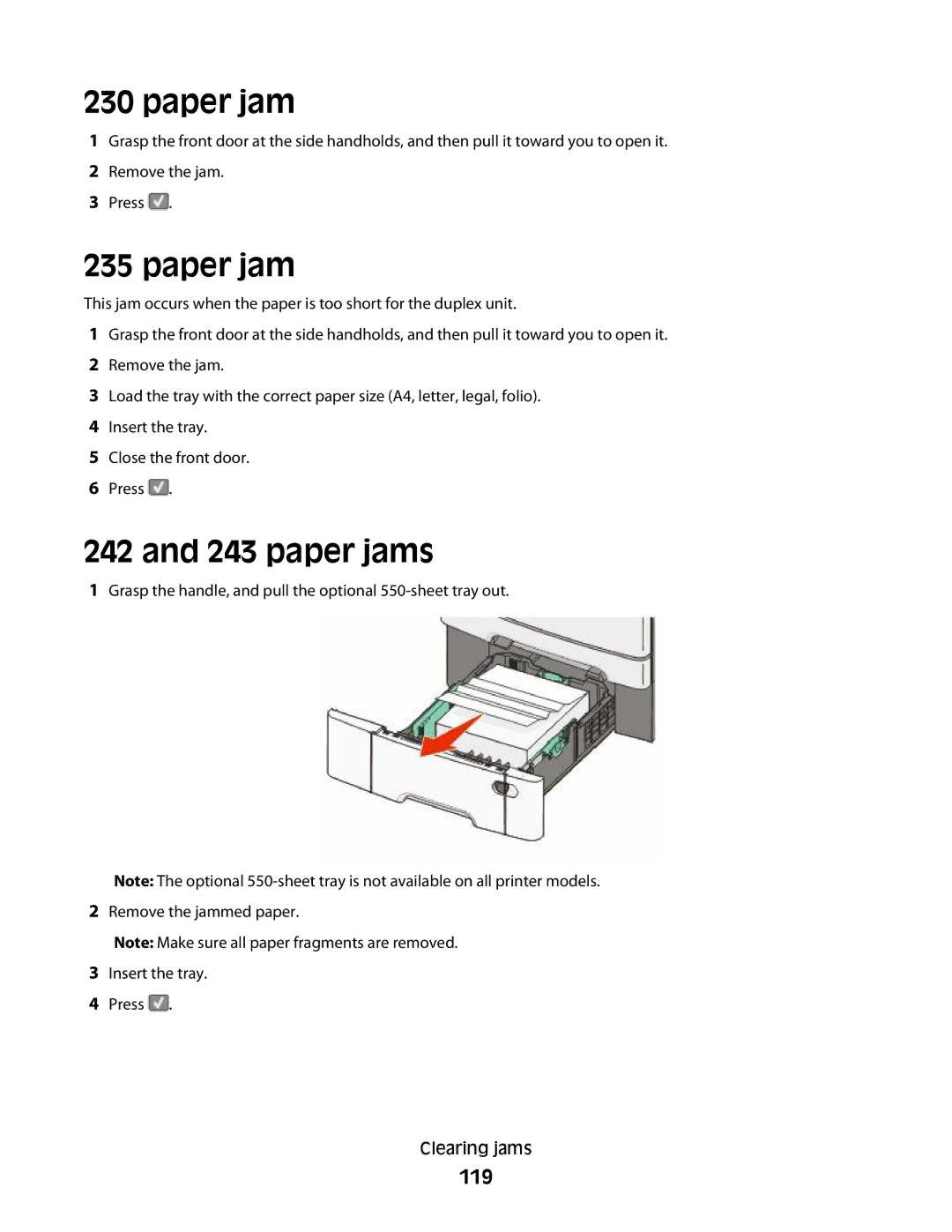 Lexmark 383, 387, 386, 382, 356, 352, 332, 336, 333, 337, 133, 138, 131 manual paper jams, 119 