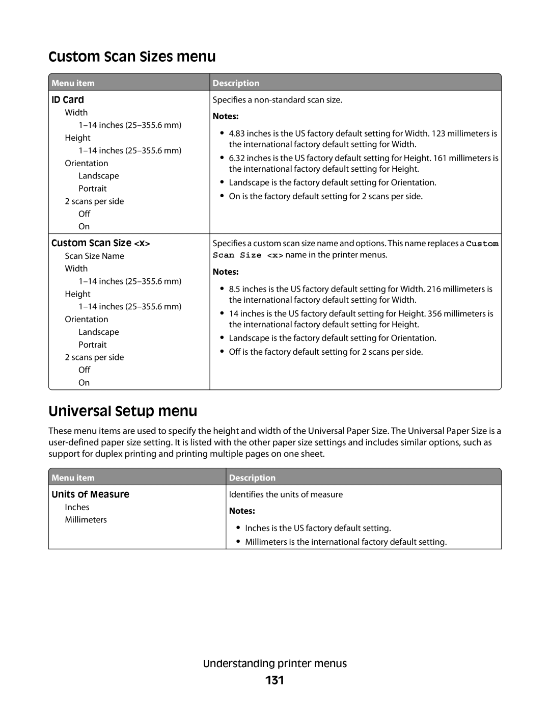 Lexmark 386, 387, 383, 382, 356, 352, 332, 336, 333, 337, 133, 138 manual Custom Scan Sizes menu, Universal Setup menu, 131 