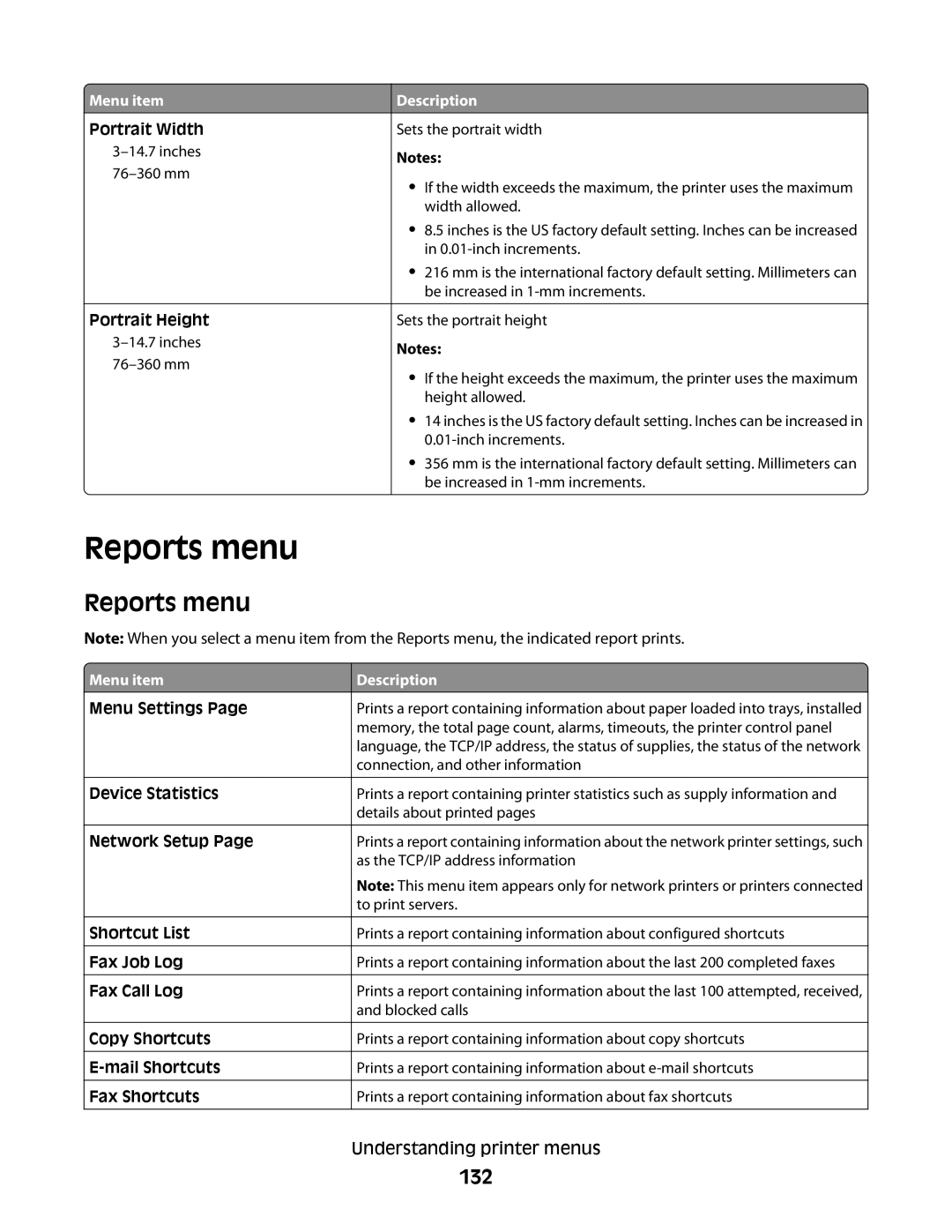 Lexmark 383, 387, 386, 382, 356, 352, 332, 336, 333, 337, 133, 138, 131 manual Reports menu, 132, Portrait Width, Portrait Height 