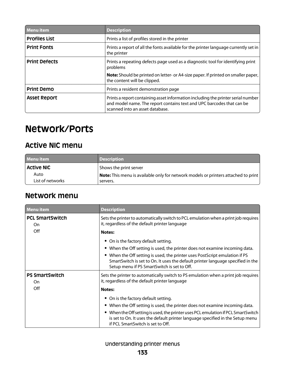 Lexmark 382, 387, 386, 383, 356, 352, 332, 336, 333, 337, 138, 131 manual Network/Ports, Active NIC menu, Network menu, 133 