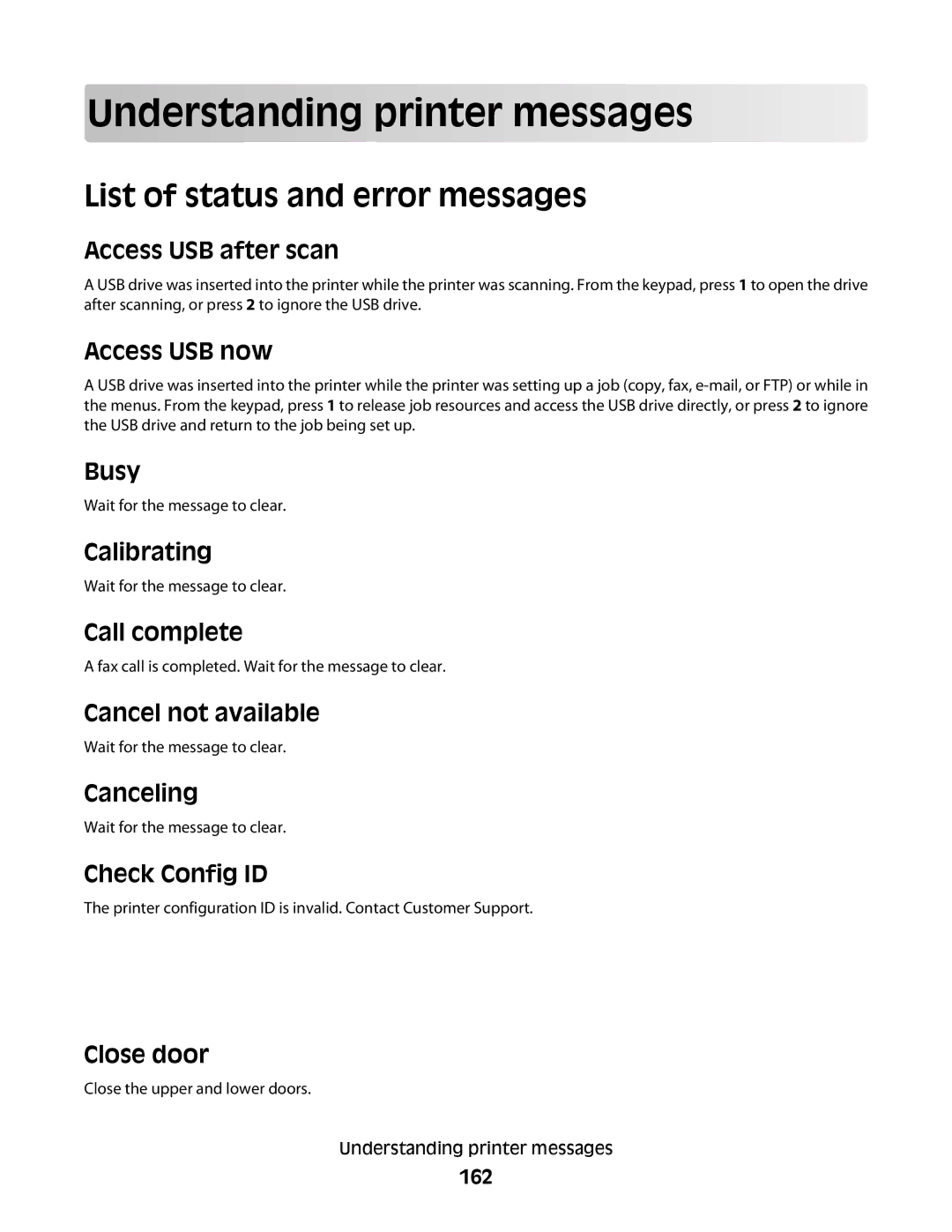 Lexmark 332, 387, 386, 383, 382, 356, 352, 336, 333, 337, 133, 138 Understanding printer messages, List of status and error messages 