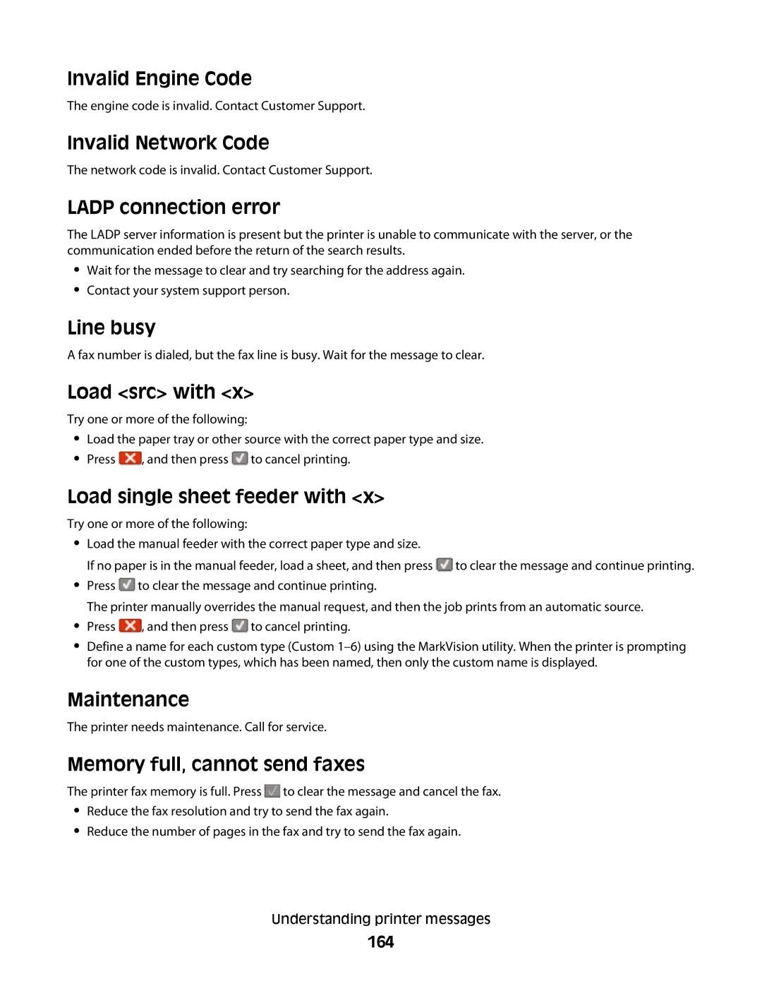 Lexmark 333, 387 Invalid Engine Code, Invalid Network Code, Ladp connection error, Line busy, Load src with, Maintenance 