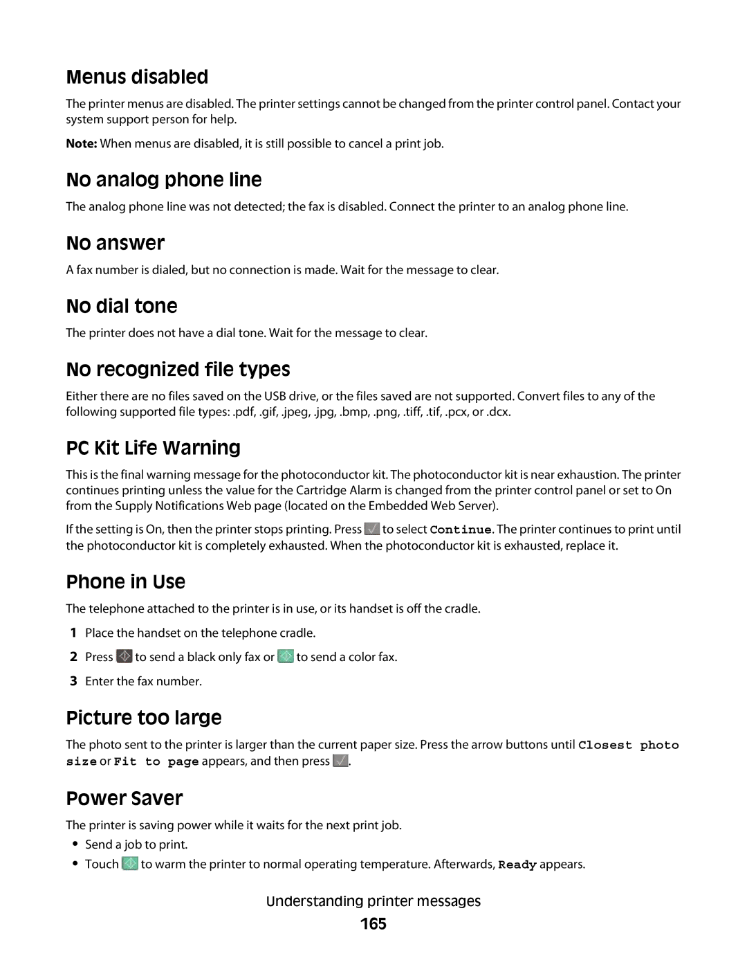 Lexmark 337 Menus disabled, No analog phone line, No answer, No dial tone, No recognized file types PC Kit Life Warning 