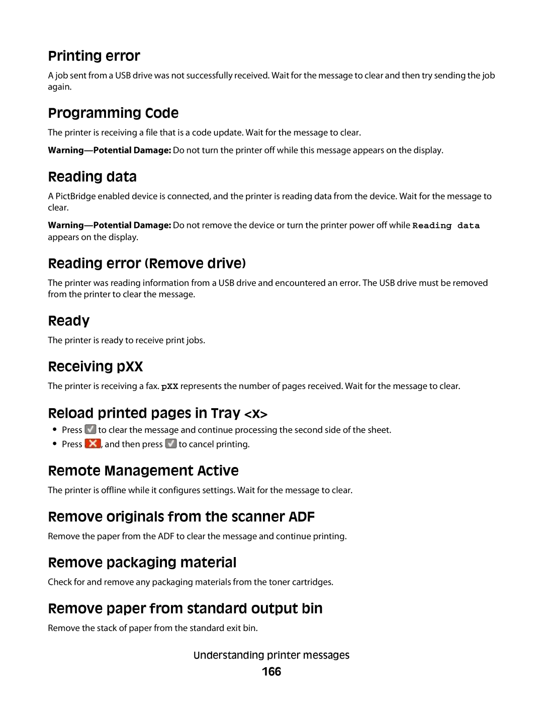 Lexmark 133, 387, 386, 383 Printing error, Programming Code, Reading data, Reading error Remove drive, Ready, Receiving pXX 