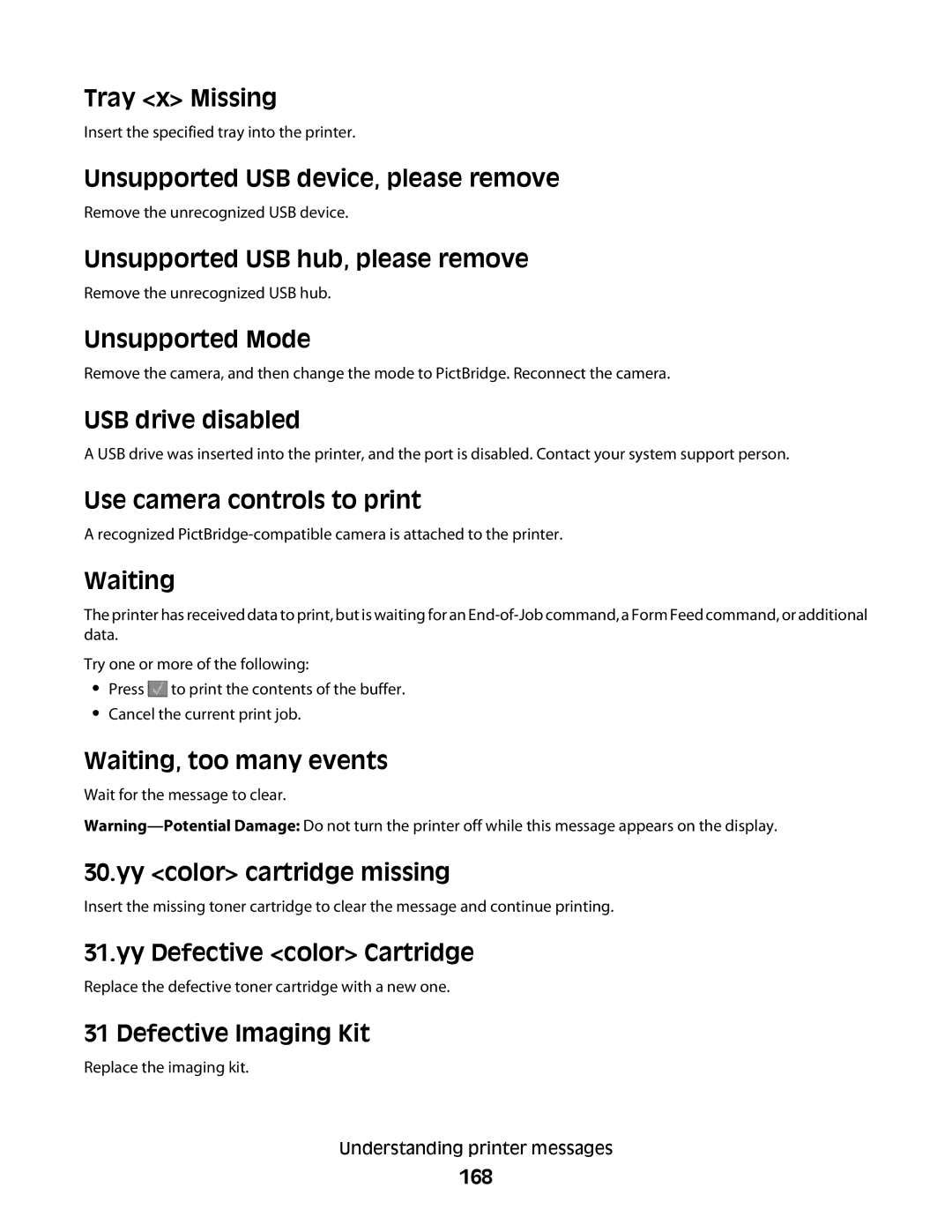 Lexmark 131 Tray x Missing, Unsupported USB device, please remove, Unsupported USB hub, please remove, Unsupported Mode 