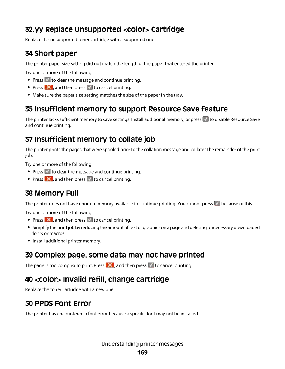 Lexmark 387, 386 Yy Replace Unsupported color Cartridge, Short paper, Insufficient memory to support Resource Save feature 