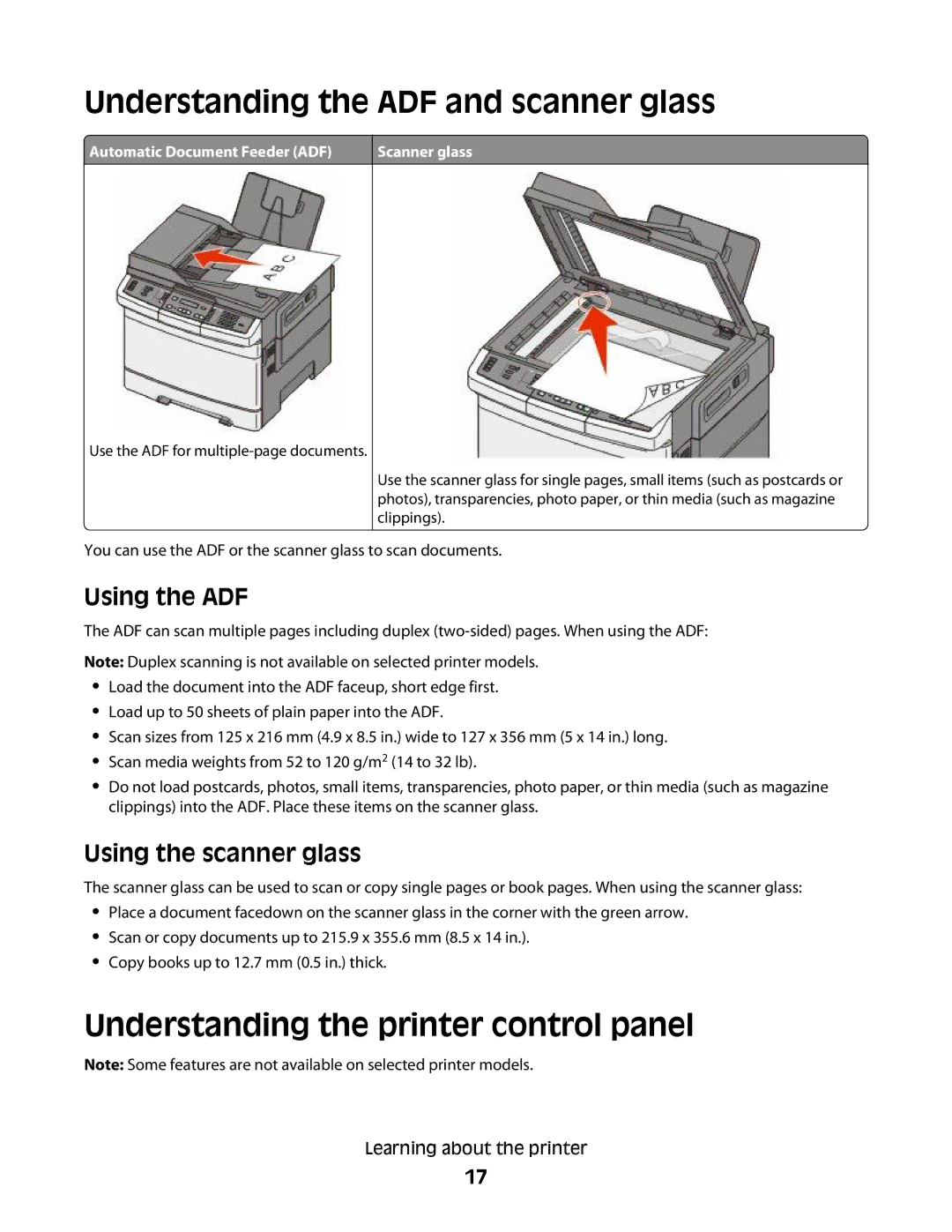 Lexmark 356, 387, 386, 383 Understanding the ADF and scanner glass, Understanding the printer control panel, Using the ADF 