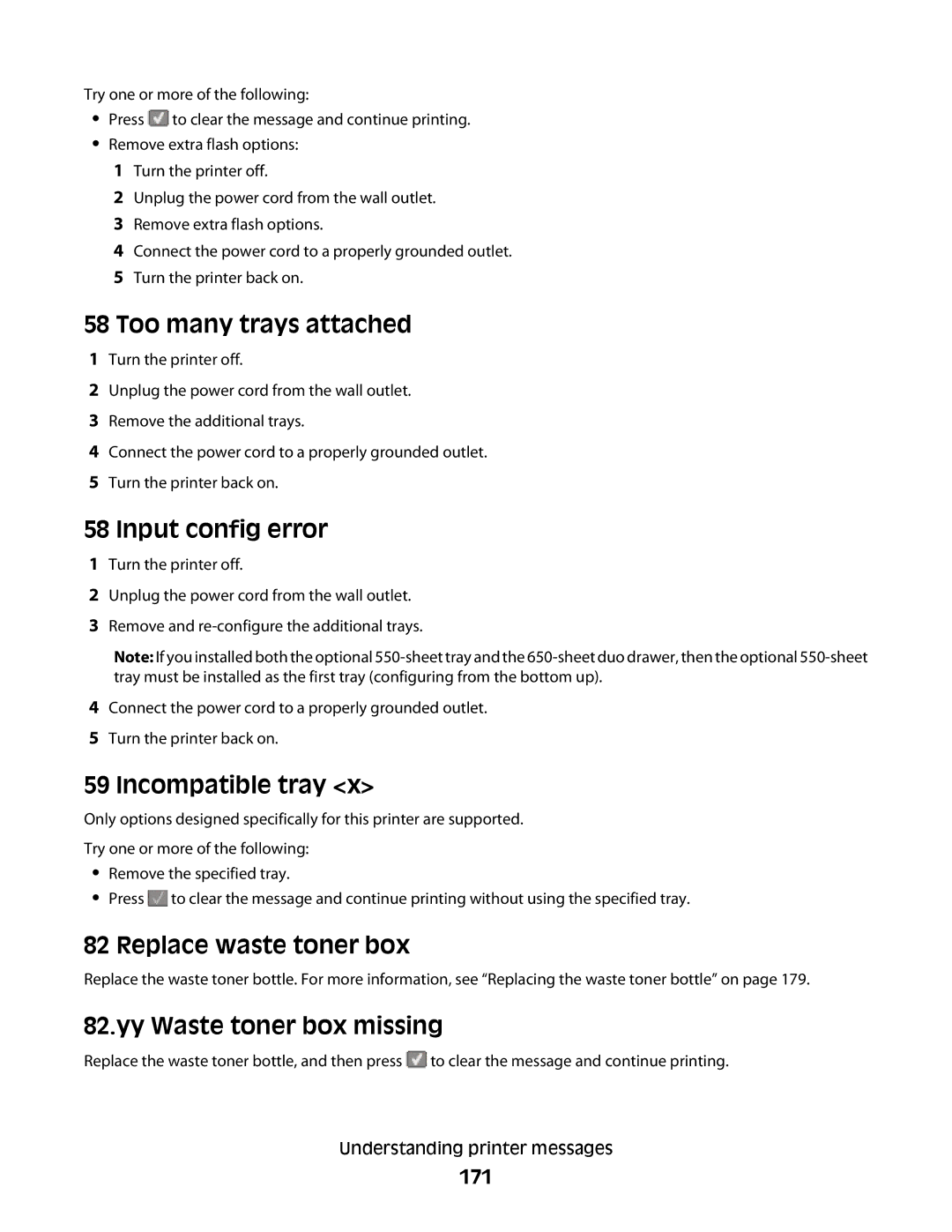Lexmark 383, 387, 386, 382, 356, 352 Too many trays attached, Input config error, Incompatible tray, Replace waste toner box 