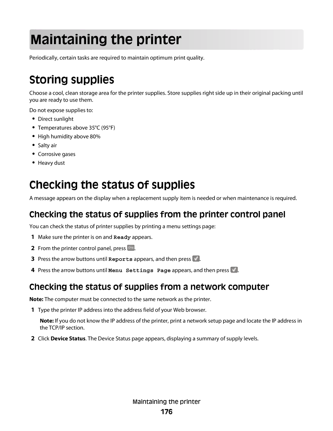 Lexmark 336, 387, 386, 383, 382, 356, 352, 332 Maintaining the printer, Storing supplies, Checking the status of supplies, 176 