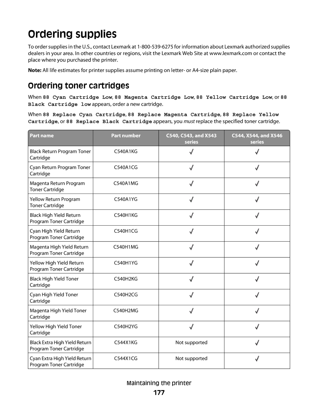 Lexmark 333, 387, 386, 383, 382, 356, 352, 332, 336, 337, 133, 138, 131 manual Ordering supplies, Ordering toner cartridges, 177 