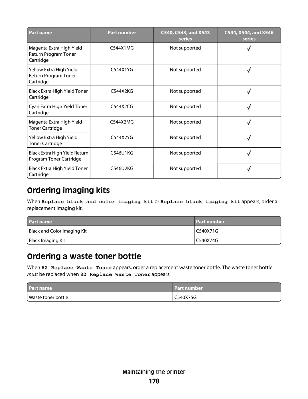 Lexmark 337, 387, 386, 383, 382, 356, 352, 332, 336, 333, 133, 138, 131 Ordering imaging kits, Ordering a waste toner bottle, 178 