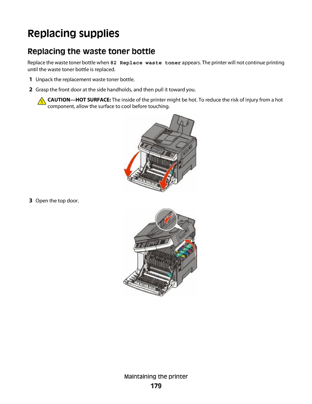 Lexmark 133, 387, 386, 383, 382, 356, 352, 332, 336, 333, 337, 138, 131 Replacing supplies, Replacing the waste toner bottle, 179 