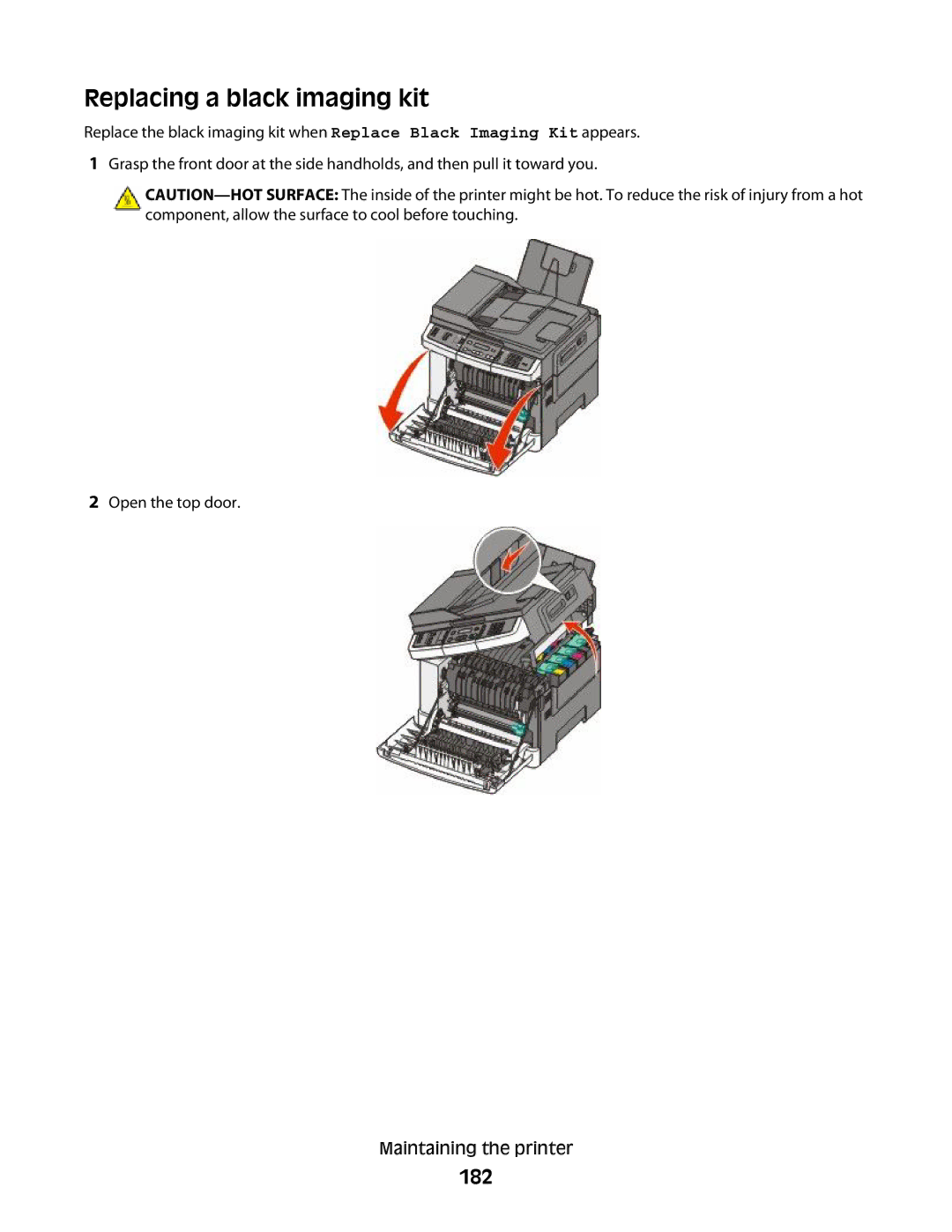 Lexmark 387, 386, 383, 382, 356, 352, 332, 336, 333, 337, 133, 138, 131 manual Replacing a black imaging kit, 182 