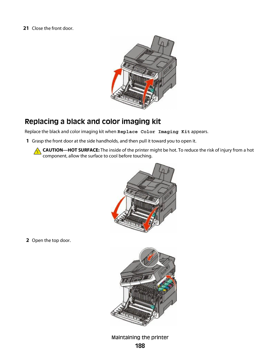 Lexmark 332, 387, 386, 383, 382, 356, 352, 336, 333, 337, 133, 138, 131 manual Replacing a black and color imaging kit, 188 