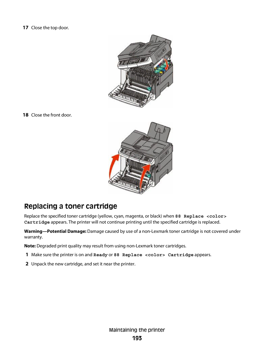 Lexmark 138, 387, 386, 383, 382, 356, 352, 332, 336, 333, 337, 133, 131 manual Replacing a toner cartridge, 193 